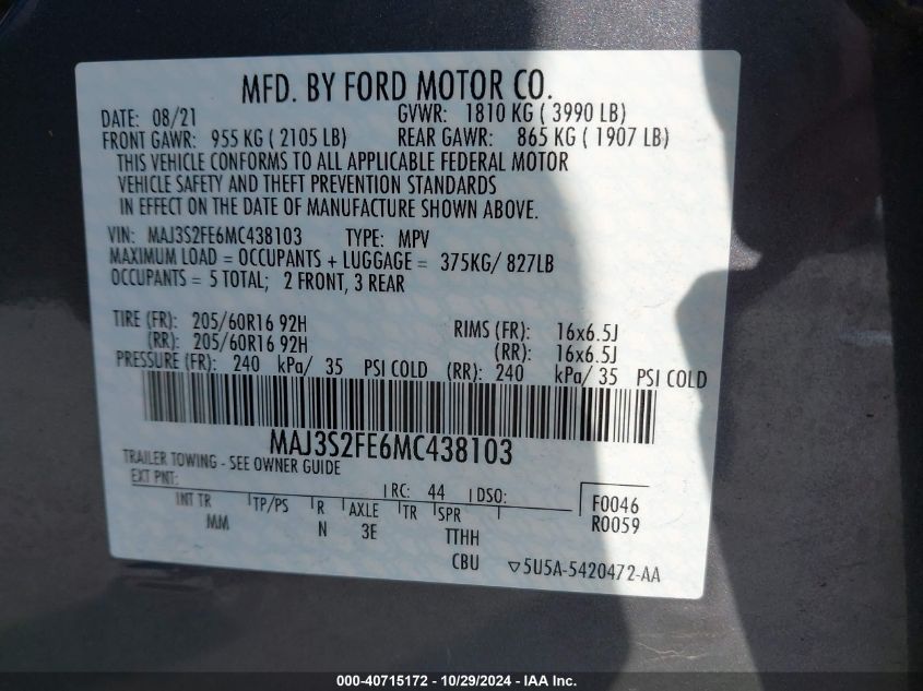 2021 Ford Ecosport S VIN: MAJ3S2FE6MC438103 Lot: 40715172