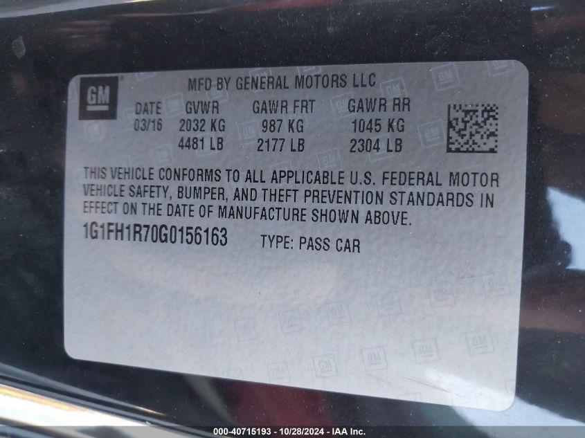 2016 Chevrolet Camaro 2Ss VIN: 1Z1SH1R70Z0156163 Lot: 40715193