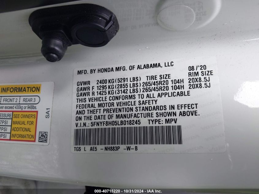2020 Honda Passport Awd Elite VIN: 5FNYF8H05LB018245 Lot: 40715220