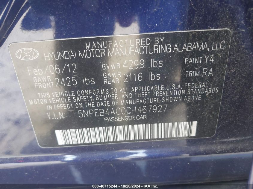 2012 Hyundai Sonata Gls VIN: 5NPEB4AC0CH467927 Lot: 40715244