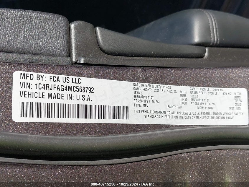 VIN 1C4RJFAG4MC568792 2021 JEEP GRAND CHEROKEE LAREDO E 4X4