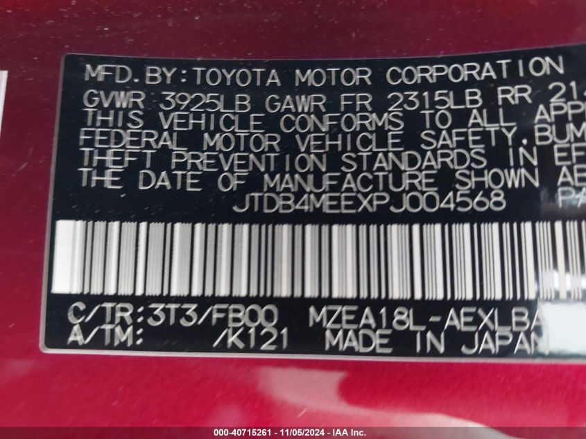 2023 Toyota Corolla Le VIN: JTDB4MEEXPJ004568 Lot: 40715261