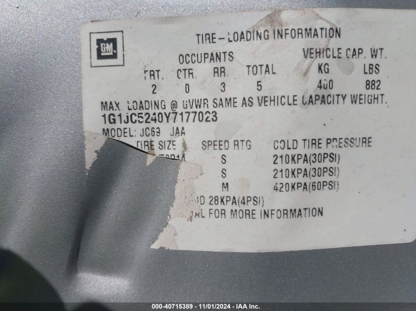 2000 Chevrolet Cavalier VIN: 1G1JC5240Y7177023 Lot: 40715389