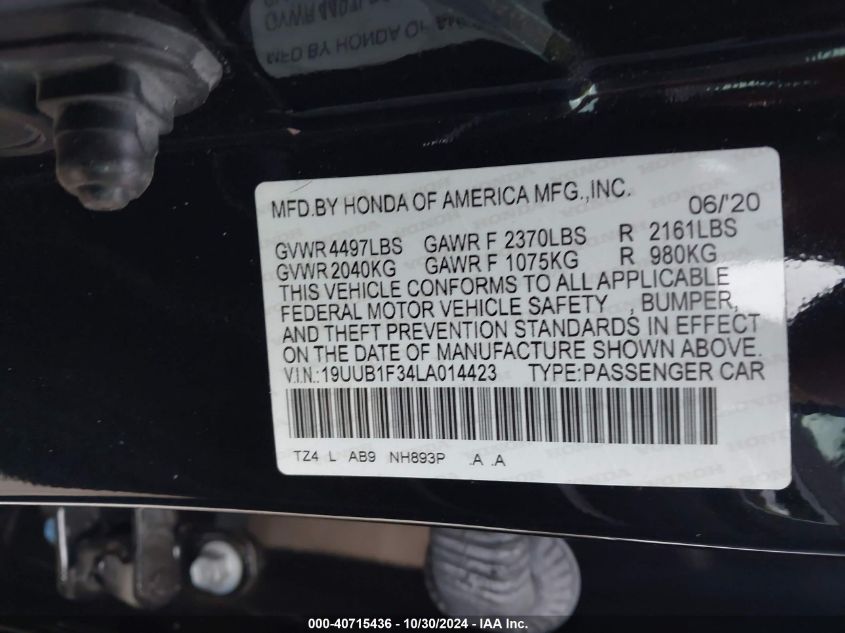 2020 Acura Tlx Standard VIN: 19UUB1F34LA014423 Lot: 40715436