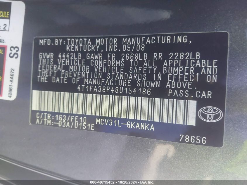 2008 TOYOTA CAMRY SOLARA VIN: 4T1FA38P48U154186