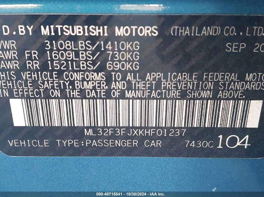 2019 Mitsubishi Mirage G4 Es VIN: ML32F3FJXKHF01237 Lot: 40715541