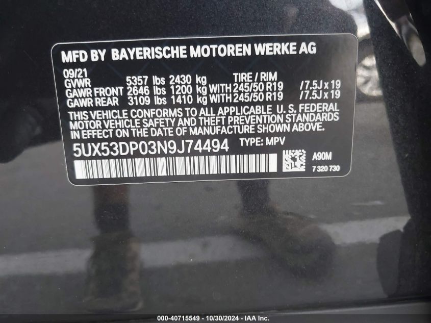 2022 BMW X3 xDrive30I VIN: 5UX53DP03N9J74494 Lot: 40715549