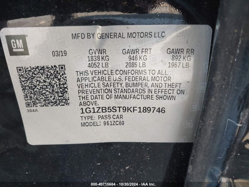 VIN 1G1ZB5ST9KF189746 2019 CHEVROLET MALIBU LS