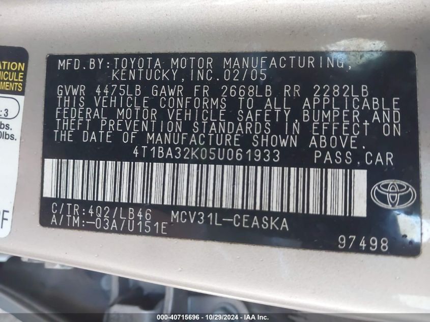 2005 Toyota Camry Se V6 VIN: 4T1BA32K05U061933 Lot: 40715696