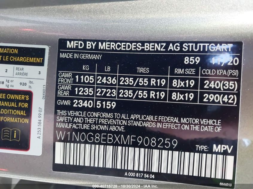 2021 Mercedes-Benz Glc 300 4Matic Suv VIN: W1N0G8EBXMF908259 Lot: 40715728