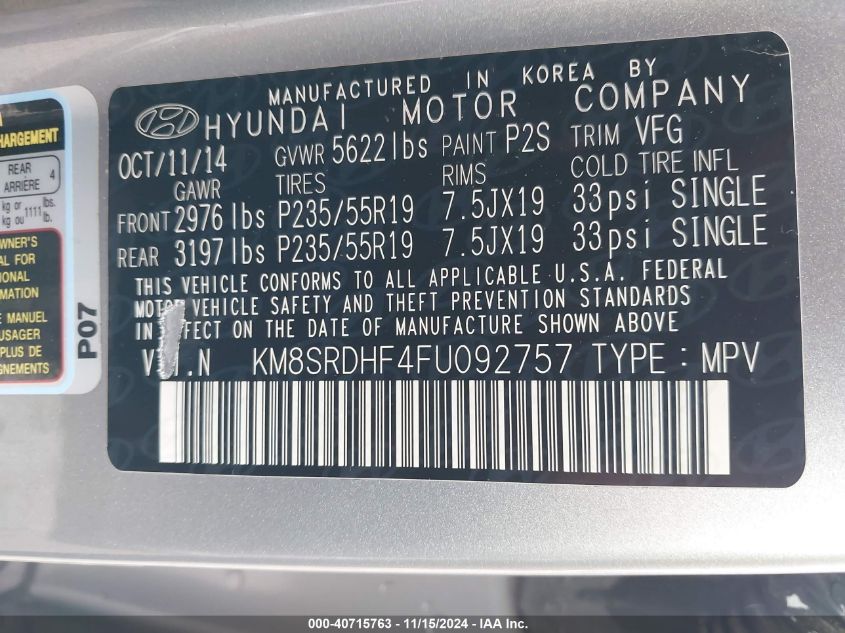 2015 Hyundai Santa Fe Limited VIN: KM8SRDHF4FU092757 Lot: 40715763