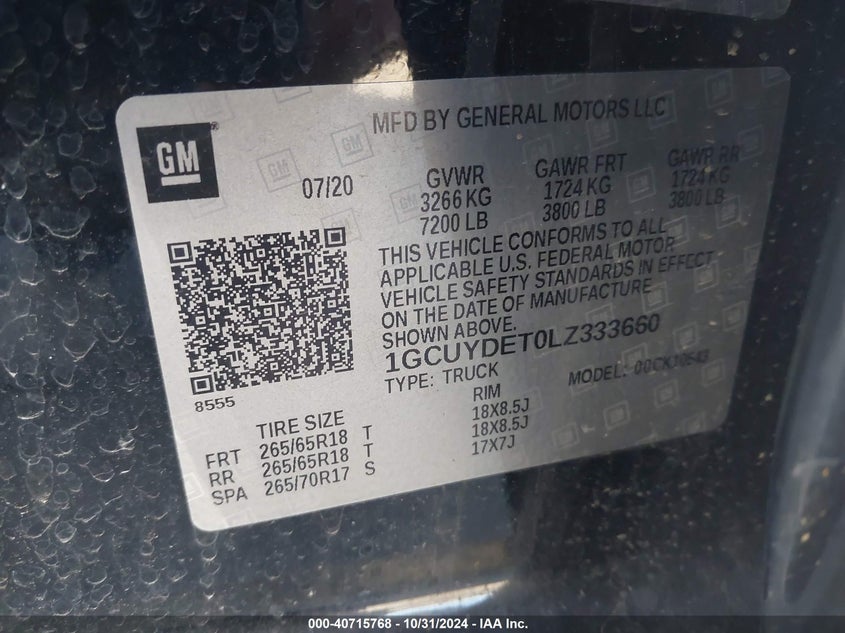 2020 CHEVROLET SILVERADO 1500 4WD  SHORT BED LT - 1GCUYDET0LZ333660