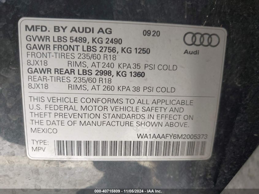 2021 Audi Q5 Premium 45 Tfsi Quattro S Tronic VIN: WA1AAAFY6M2005373 Lot: 40715809