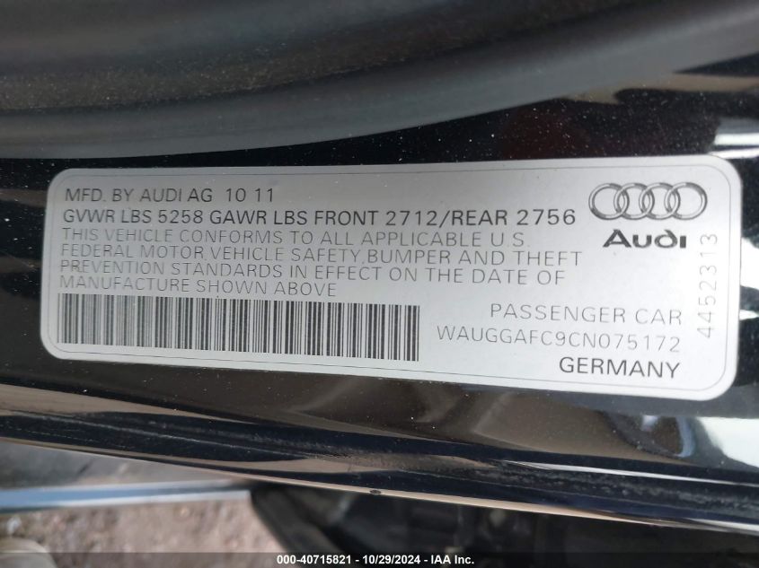 2012 Audi A6 3.0 Premium VIN: WAUGGAFC9CN075172 Lot: 40715821