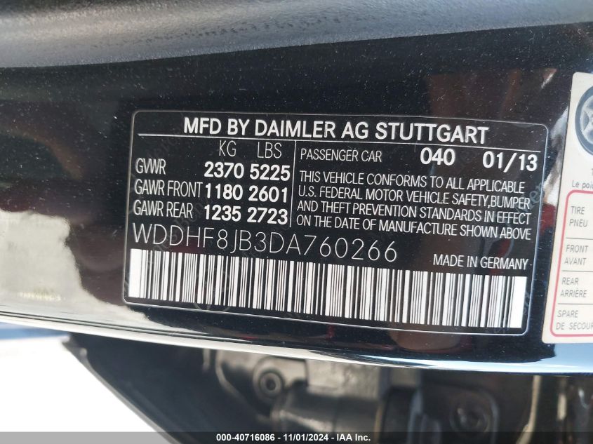 2013 Mercedes-Benz E 350 4Matic VIN: WDDHF8JB3DA760266 Lot: 40716086