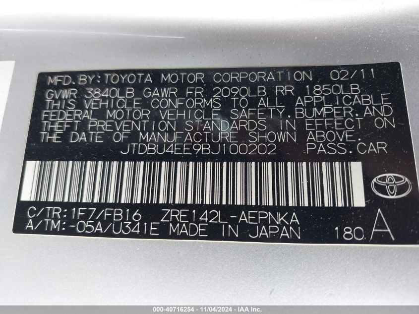 2011 Toyota Corolla Le VIN: JTDBU4EE9BJ100202 Lot: 40716254