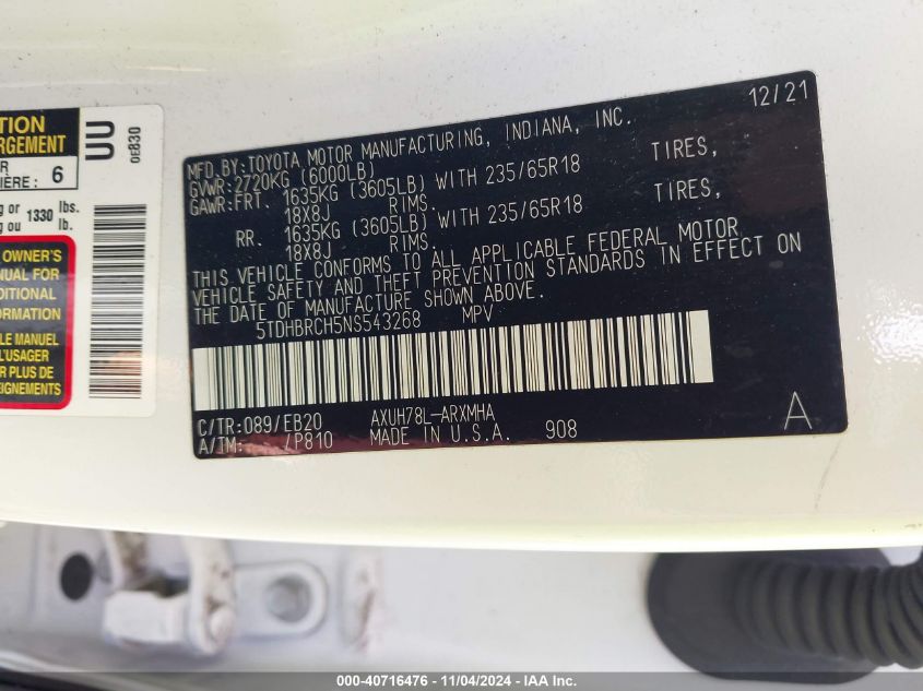 2022 Toyota Highlander Hybrid Xle VIN: 5TDHBRCH5N5543268 Lot: 40716476