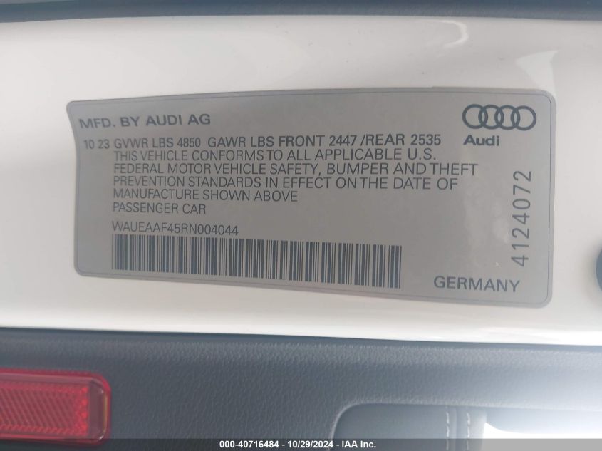 WAUEAAF45RN004044 Audi A4 PREMIUM PLUS 45 TFSI S LINE QUATTRO S TRONIC 9