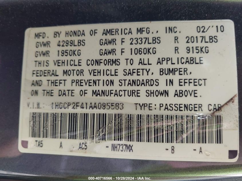 2010 Honda Accord 2.4 Lx-P VIN: 1HGCP2F41AA095583 Lot: 40716566