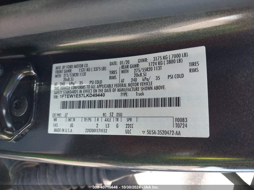 2020 FORD F-150 VIN: 1FTEW1E57LKD49440