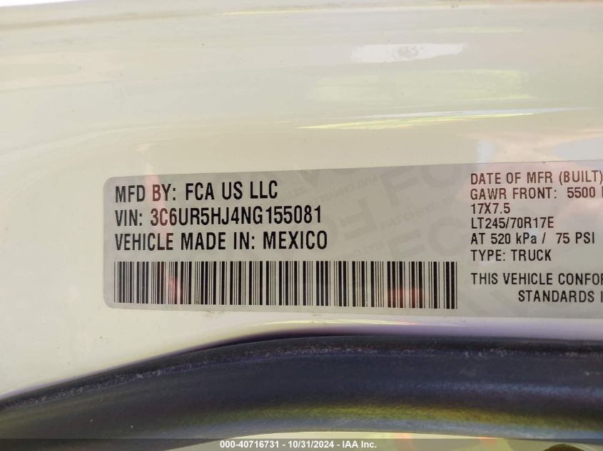 2022 Ram 2500 Tradesman 4X4 8' Box VIN: 3C6UR5HJ4NG155081 Lot: 40716731