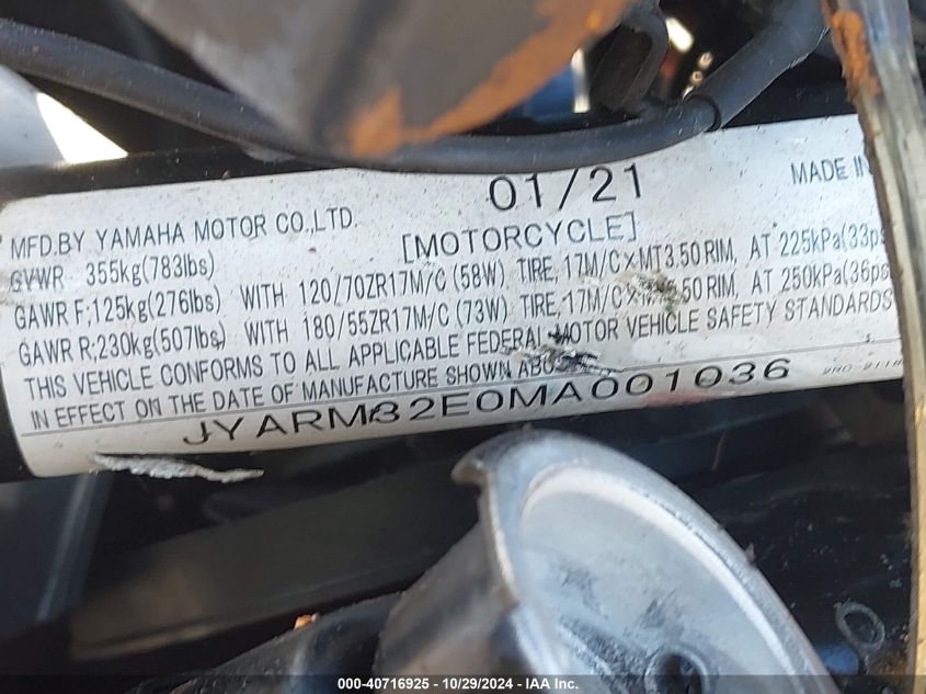 2021 Yamaha Mt07 VIN: JYARM32E0MA001036 Lot: 40716925