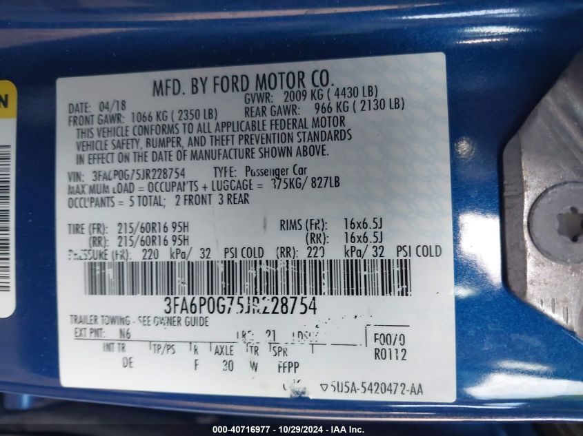 2018 FORD FUSION S - 3FA6P0G75JR228754