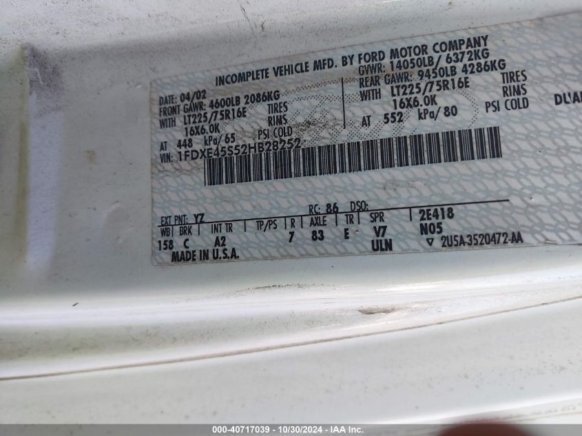 2002 Ford E-450 Cutaway Standard VIN: 1FDXE45S52HB28252 Lot: 40717039