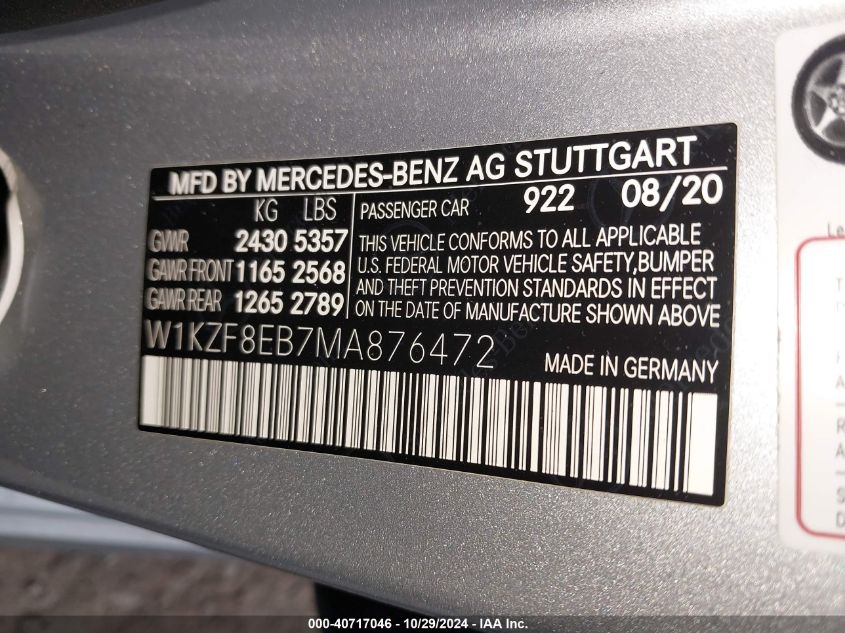 VIN W1KZF8EB7MA876472 2021 Mercedes-Benz E 350, 4Matic no.9