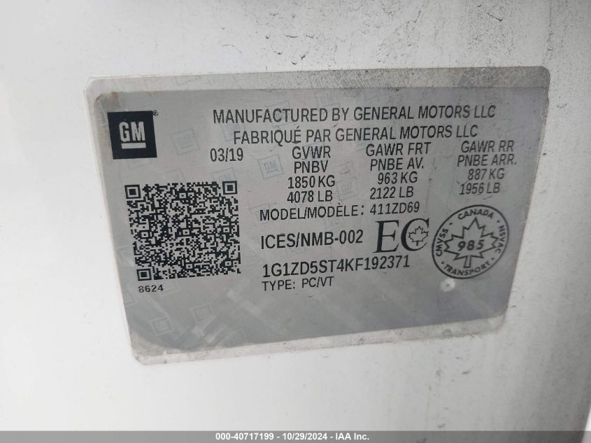 2019 CHEVROLET MALIBU VIN: 1G1ZD5ST4KF192371