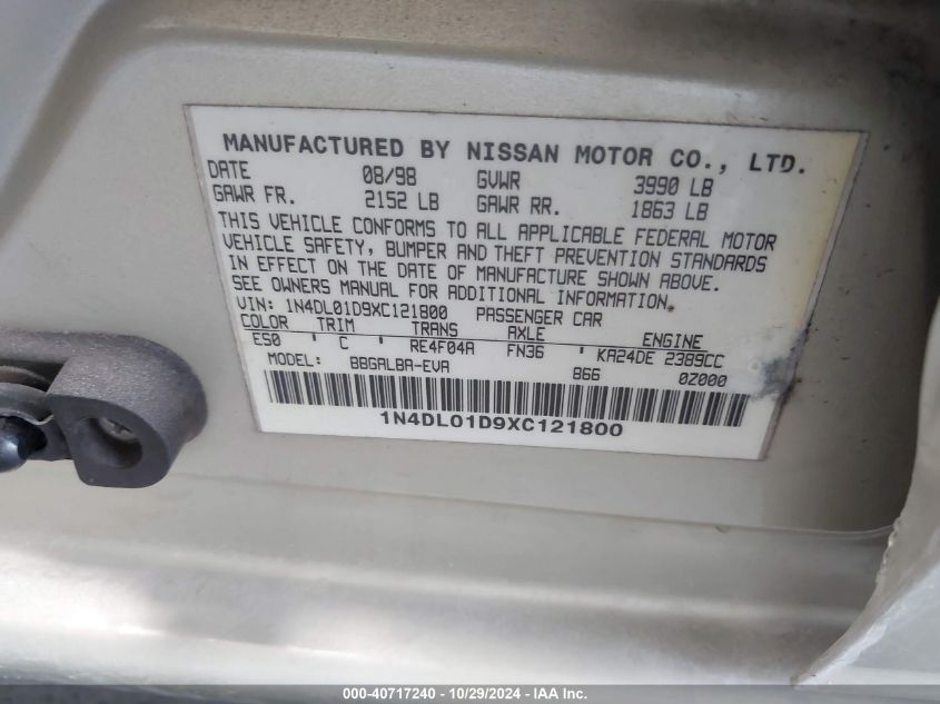 1999 Nissan Altima Gle/Gxe/Se/Se-L/Xe VIN: 1N4DL01D9XC121800 Lot: 40717240