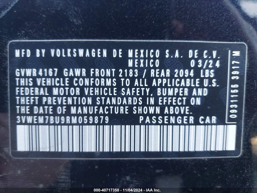 2024 VOLKSWAGEN JETTA 1.5L I-4 DI, DOHC, V(VIN: 3VWEM7BU9RM059879