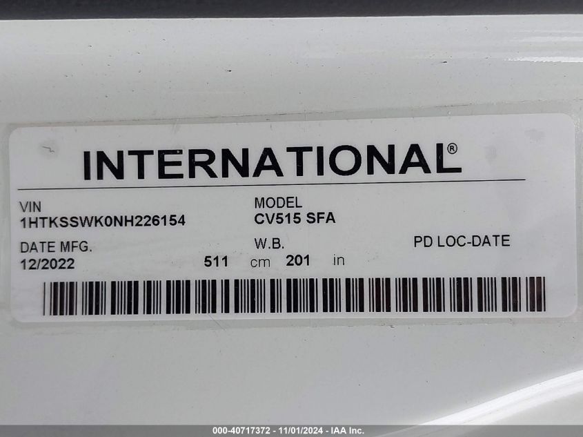 2022 International Cv VIN: 1HTKSSWK0NH226154 Lot: 40717372