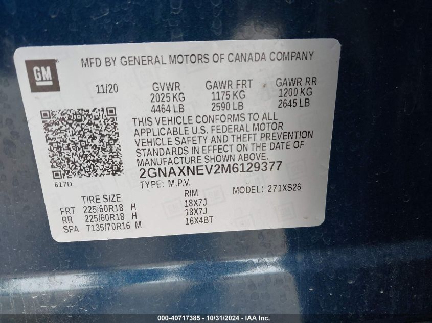 2021 Chevrolet Equinox Fwd Premier VIN: 2GNAXNEV2M6129377 Lot: 40717385