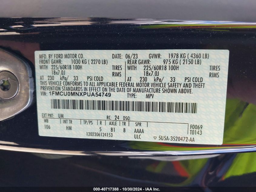 2023 Ford Escape St-Line VIN: 1FMCU0MNXPUA54749 Lot: 40717388