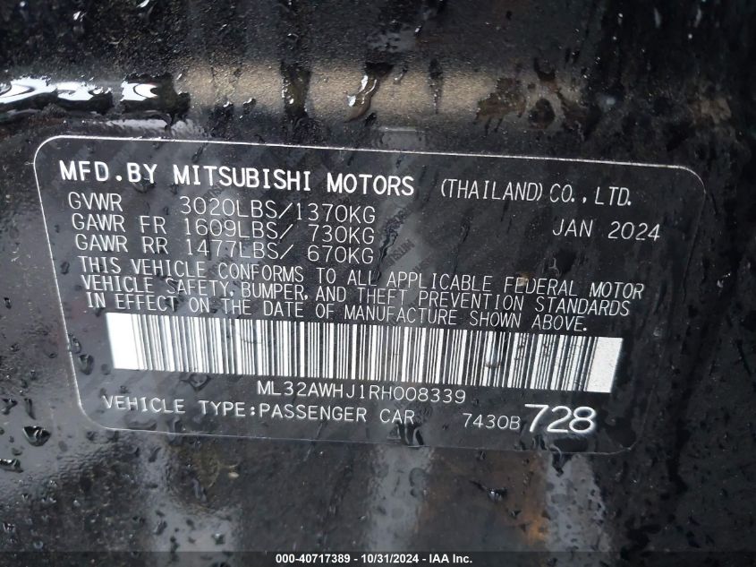 2024 Mitsubishi Mirage Black Edition VIN: ML32AWHJ1RH008339 Lot: 40717389