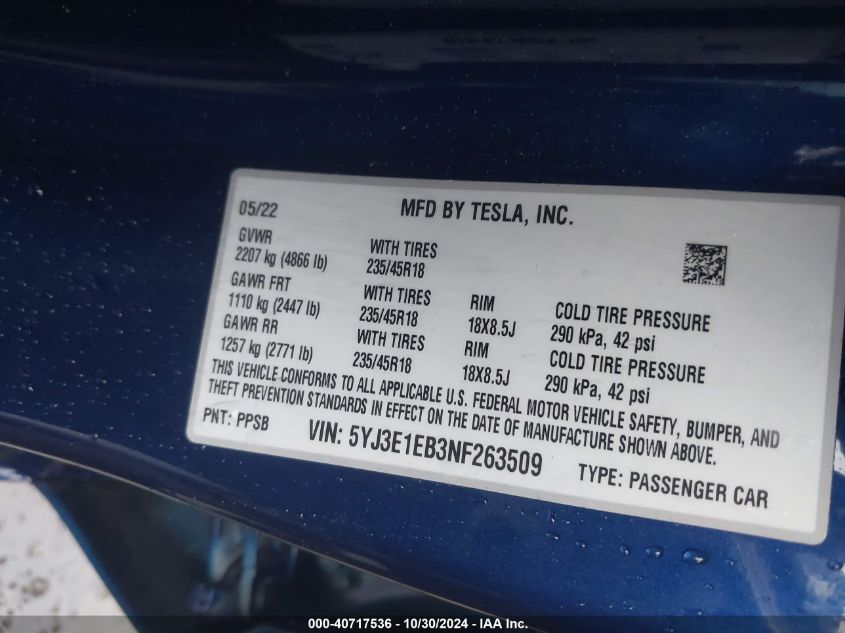 2022 Tesla Model 3 Long Range Dual Motor All-Wheel Drive VIN: 5YJ3E1EB3NF263509 Lot: 40717536