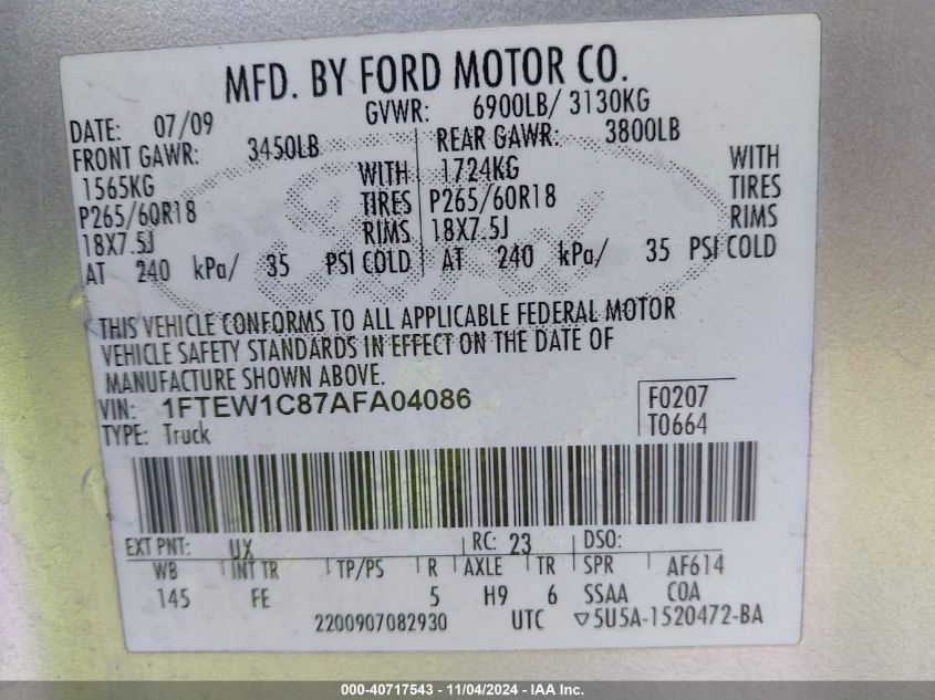 2010 Ford F-150 Xlt VIN: 1FTEW1C87AFA04086 Lot: 40717543