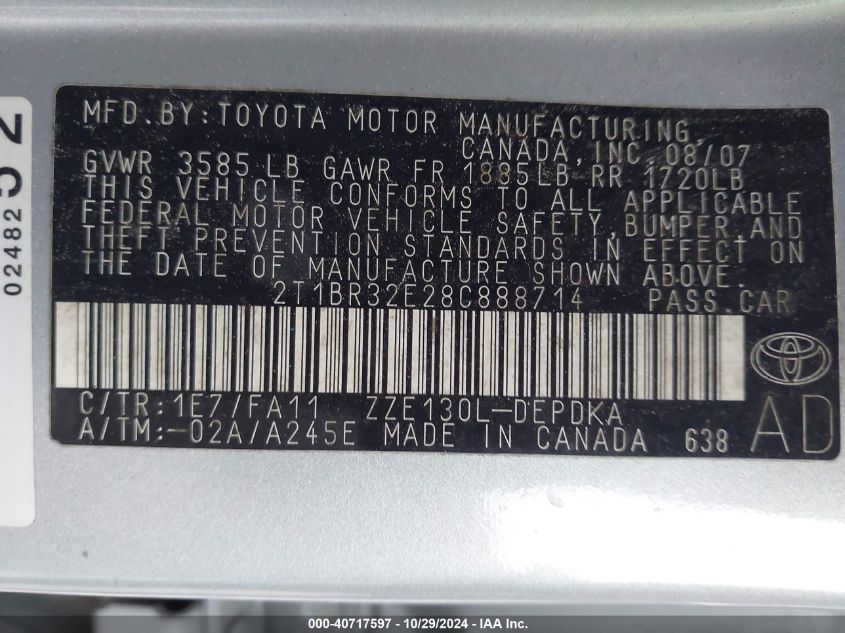 2008 Toyota Corolla Ce VIN: 2T1BR32E28C888714 Lot: 40717597