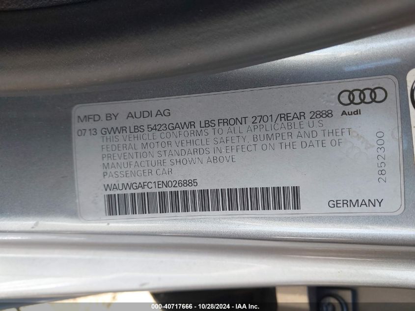 2014 Audi A7 3.0T Premium Plus VIN: WAUWGAFC1EN026885 Lot: 40717666