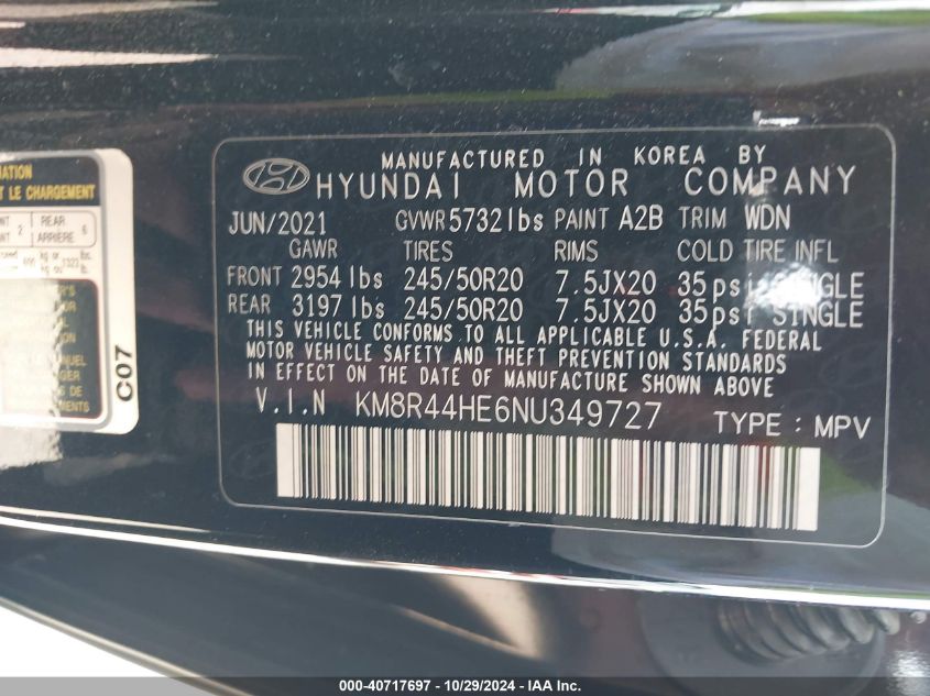 2022 Hyundai Palisade Sel VIN: KM8R44HE6NU349727 Lot: 40717697