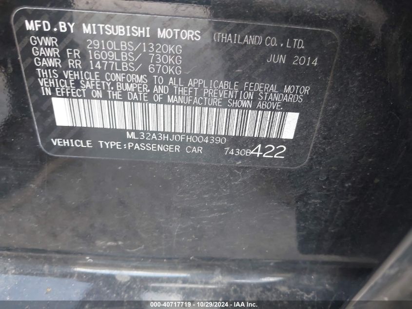 2015 Mitsubishi Mirage De/Rf VIN: ML32A3HJ0FH004390 Lot: 40717719