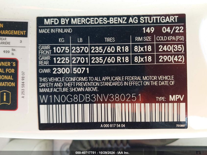 2022 Mercedes-Benz Glc 300 Suv VIN: W1N0G8DB3NV380251 Lot: 40717751