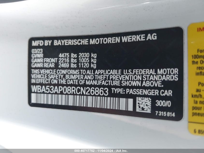 2024 BMW 4 Series 430I VIN: WBA53AP08RCN26863 Lot: 40717752