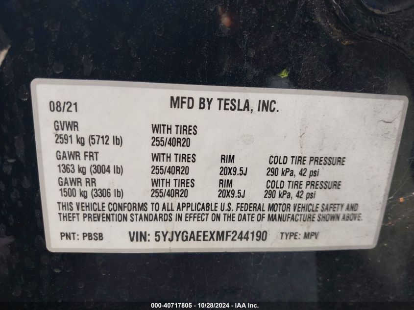 2021 TESLA MODEL Y LONG RANGE DUAL MOTOR ALL-WHEEL DRIVE - 5YJYGAEEXMF244190