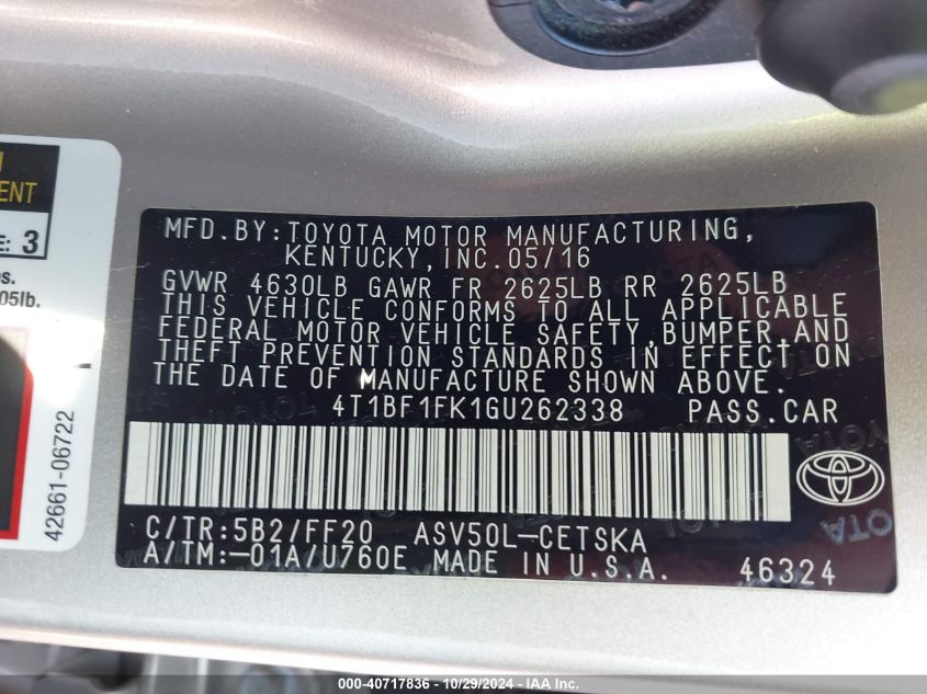 2016 Toyota Camry Se VIN: 4T1BF1FK1GU262338 Lot: 40717836