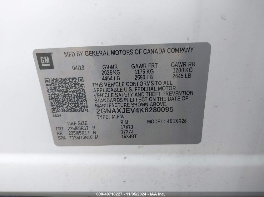 2019 Chevrolet Equinox Lt VIN: 2GNAXJEV4K6280095 Lot: 40718227