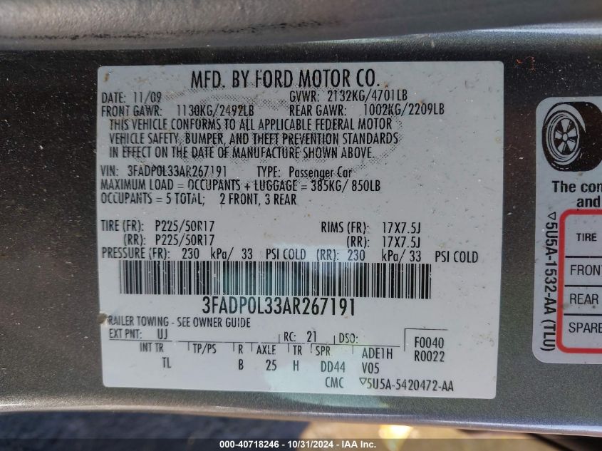 2010 Ford Fusion Hybrid VIN: 3FADP0L33AR267191 Lot: 40718246