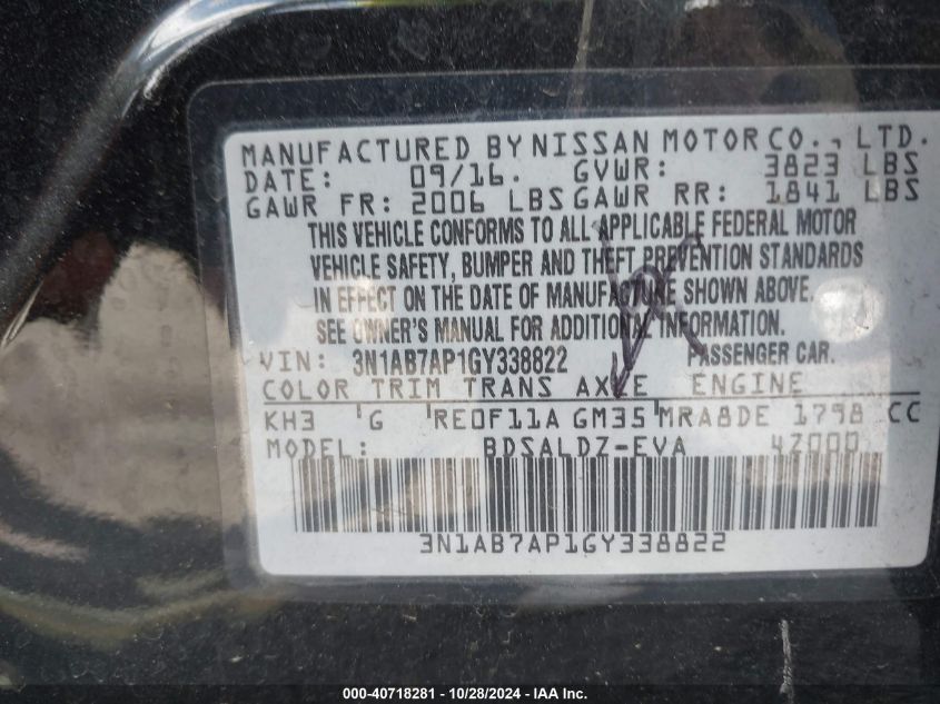 2016 Nissan Sentra Sv VIN: 3N1AB7AP1GY338822 Lot: 40718281