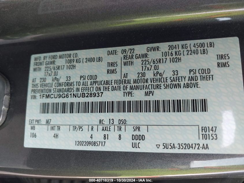 2022 Ford Escape Se VIN: 1FMCU9G61NUB28937 Lot: 40718319